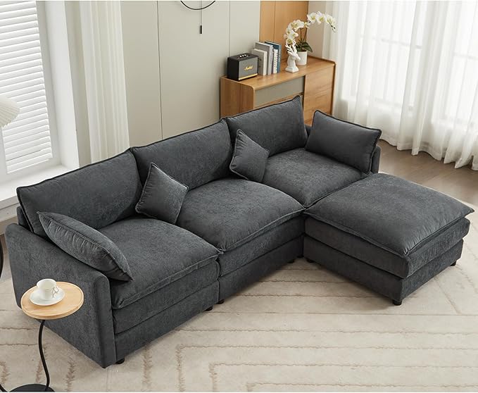 kevinplus 101'' Modular Sectional Sofa Couch L-Shaped with Convertible Ottoman for Living Room Modern Contemporary 3-Seat Fabric Sofa Couch Thick Cushion Dark Gray