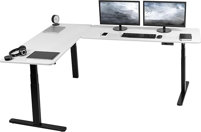 VIVO Electric Height Adjustable 83 x 60 inch Corner Stand Up Desk 2 White Dry Erase Solid Table Tops Black Frame Memory Controller L-Shaped Workstation 3E Series DESK-KIT-3E8BWE
