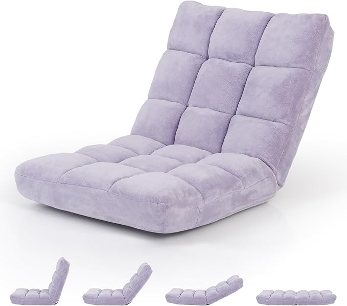 S AFSTAR Cushioned Floor Chair 14-Position Adjustable Padded Lazy Recliner with Comfortable Back Support and Skin-Friendly Cover Great for Reading Playing Game Meditating (Light Purple)