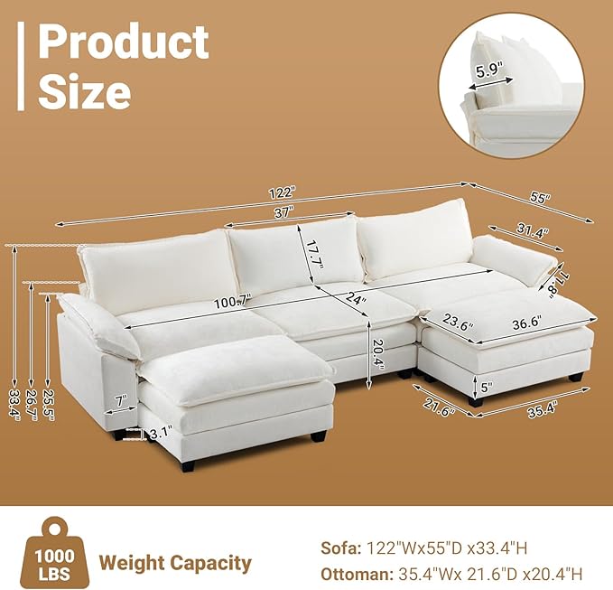 VINGLI Convertible U-Shaped Sectional Modular Couch with 2 Movable 2-Layer Ottomans Oversized Comfy Cloud Sofa with Deep Seat &amp Chaise 3 Seater Cozy Couch for Small Spaces Chenille White-Cream