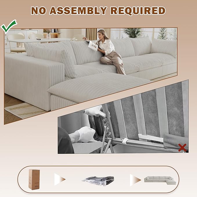 157.6 Modular Sectional Sofa Cloud Couch with Ottoman Modern Fluffy Boneless Couch Deep Seat Upholstered Sofa for Living Room Furniture Bedroom and Apartment (White 4S &amp L Shape) | Plush Cord