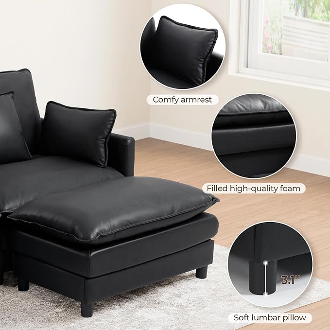 L Shaped Cloud Sofa 4-Seater Modular Couch with Double Layer Upholstered Seat Cushion PU Sleeper Sofa with Ottoman &amp Pillows Comfort Couches for Living Room Bedrooms &amp Apartments Black
