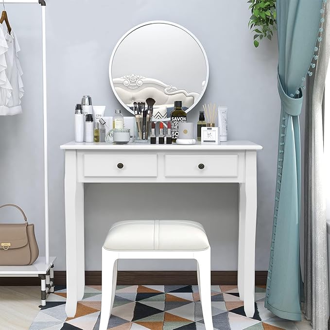 Byroce Small Writing Desk with Removable Hutch 2-Tier Vanity Table with 4 Drawers 3 Cubbies &amp Pine Wood Legs Study Computer Desk for Bedroom Home Office (White)
