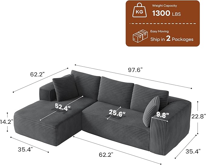 No-Assembly Cloud Sectional Sofa with L-Shaped Chaise Modern Modular Design for Living Room Features Deep Seat and Plush Corduroy Fabric Effortless Setup for Instant ComfortGrey