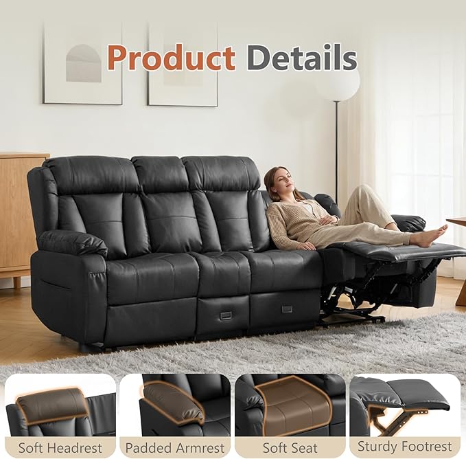 AHMED 3-Seat Manual Reclining Sofa Faux Leather Recliner Couch with Flip-Down Console Home Theater Seating with Cup Holders USB Ports &amp AC Outlet Storage Drawer for Living Room/RV Black