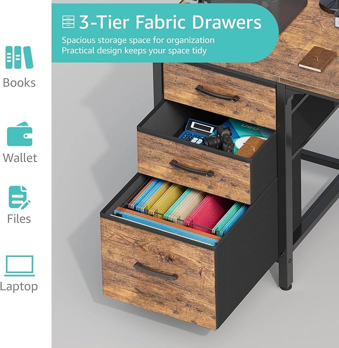 Lufeiya Computer Desk with File Drawers Cabinet 47 Inch Reversible Home Office Desks with Fabric Filing Cabinet for Small Space Study Writing Table PC Desks Rustic Brown
