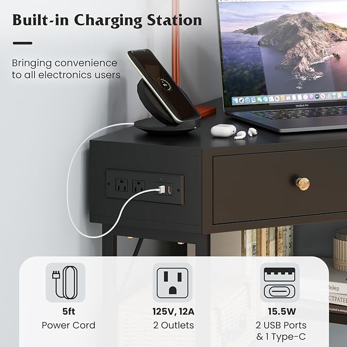 Corner Desk with Charging Station 90° Triangle Desk w/ 2 Drawers Storage Shelves Corner Vanity Table for Bedroom Compact Computer Desk for Small Space