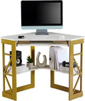 VECELO Corner Desk Computer Desk Writing Table with Smooth Keyboard Tray &amp Storage ShelvesCompact Home Office Triangle TableGold &amp White