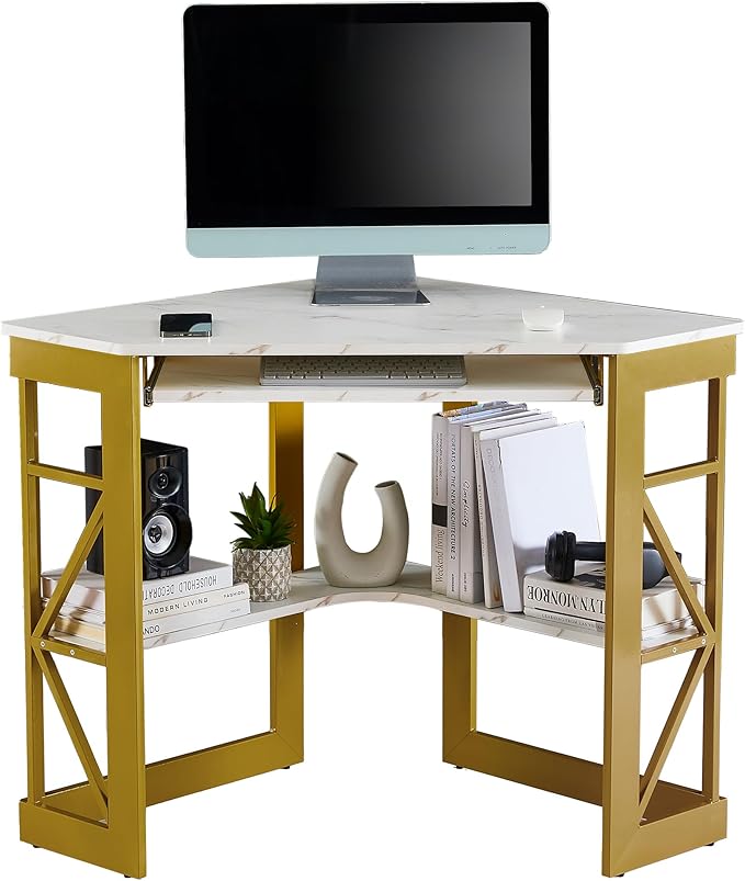 VECELO Corner Desk Computer Desk Writing Table with Smooth Keyboard Tray &amp Storage ShelvesCompact Home Office Triangle TableGold &amp White