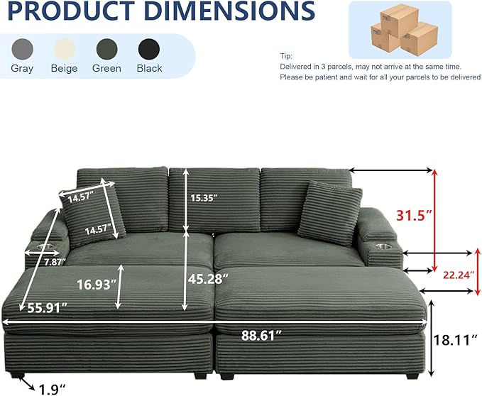 86.6 Sectional Sofa Couch with 2 Ottomans Comfy Corduroy Upholstered Cloud Modular Convertible Couch with Cup Holders and USB Armrest Storage Deep Seat Oversized Loveseat for Living Room Green