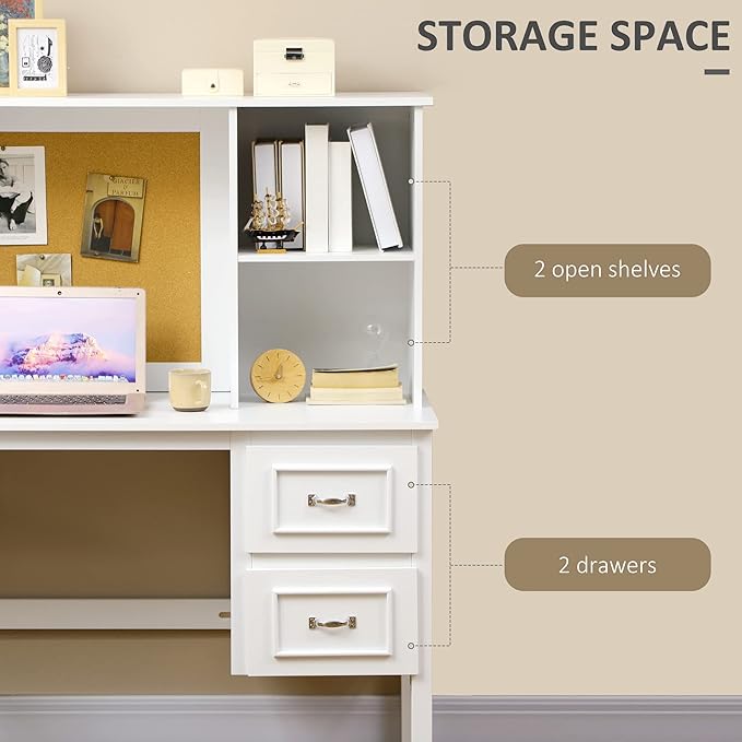 Computer Desk with Drawers Shelves Home Office Desk with Storage Corkboard Workstation Table with Cable Hole White