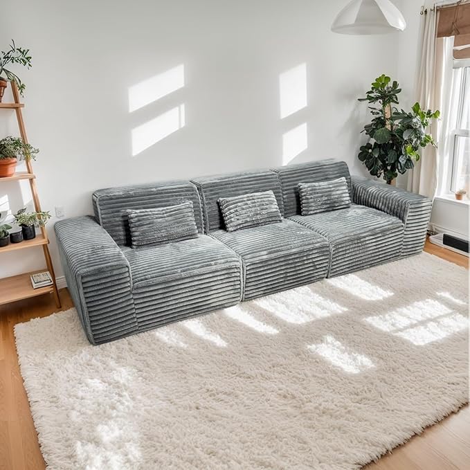 MEISIMAN 118” Modular Sectional Sofa Cloud Couch - Compressed Sofa Soft Corduroy Fabric &amp Memory Foam Couch for Living Room No Assembly Required (Dark Gray)