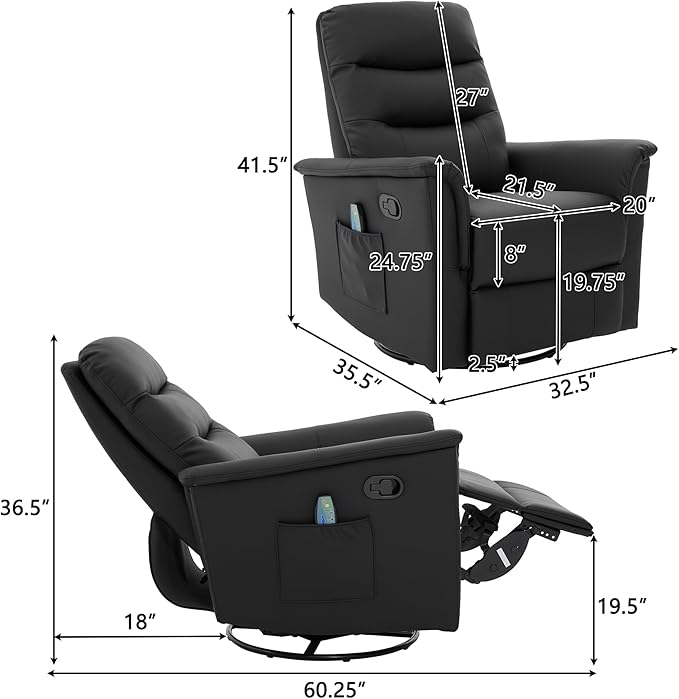 Manual Recliner Chair with Two Adjustable Positions Rocking and Swivel Recliner Rocking Recliner Massage Recliner with 8-Point Massage Function and Adjustable Backrest for Living Room (Black15)