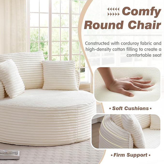 53-inch Boneless Round Chair Circle Corduroy Memory Foam Upholstered Chaise Lounge Indoor Comfy Reading Accent Deep Seat Sofa Chair for Living Room Bedroom Office No Assembly Required Beige