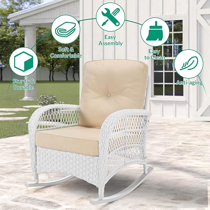 VIVIJASON 2 Piece Patio Wicker Rattan Rocker Chair Outdoor Rattan Rocker Chair with Cushions &amp Steel Frame All-Weather Rocking Lawn Wicker Furniture for Garden Backyard Porch (White Wicker/Beige