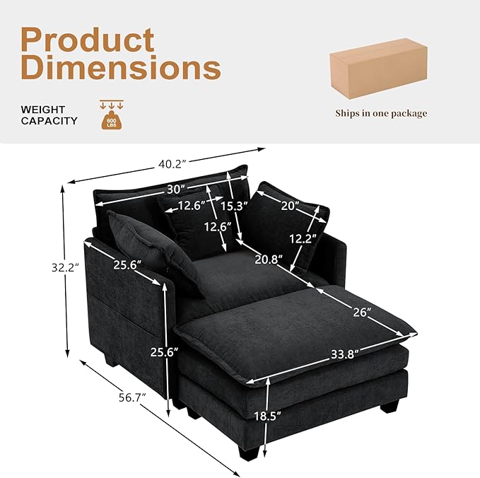 Furniliving Oversized Accent Chairs with Ottoman Luxury Chenille Single Sofa Couch Upholstered Deep Seat Chaise Lounge with Pillows for Living Room Bedroom Apartment Black