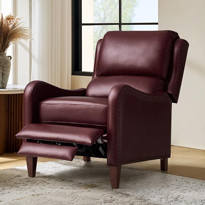 HULALA HOME Genuine Leather Recliner Chair Modern Push Back Recliner Armchair with Thick Seat Backrest &amp Footrest Nailhead Decor for Living Room Bedroom Burgundy