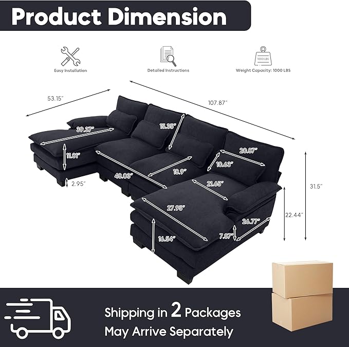 U Shape Sectional Sofa Cloud Couch Modern Chenille Comfy Modular Sofa 4 Seat Upholstery Sleeper Sofa with Double Chaise for Living Room Bedroom Black
