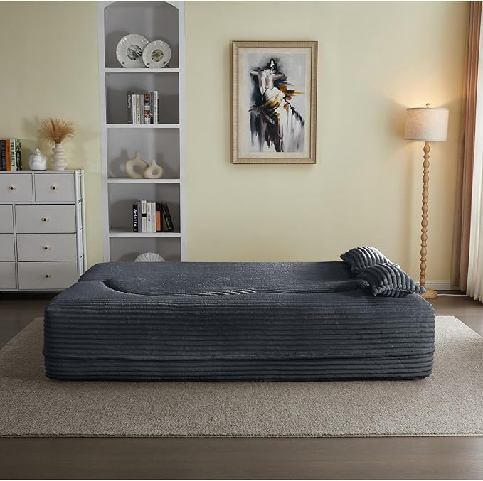 2 in 1 Convertible Folding Sofa Bed Plush Corduroy Lazy Lounge Sofabed Foam Folding Floor Sofa Bed 78 Full Size Memory Foam Couch for Living Room Guestroom No Assembly Sofabed (Dark Grey)