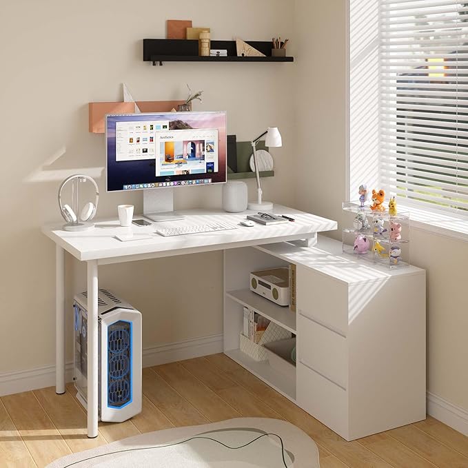 L Shaped Computer Desk 47 Inch Home Office Desk with File Drawers &amp Storage Shelves Small Corner Computer Desk for Small Space (White)