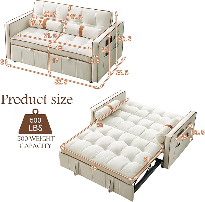 Pull Out Sofa Bed 55.5 Loveseat Sleeper Sofa Bed with Side Pocket Storage Adjustable Backrest and Waist Pillow Suitable for Small Space Living Room Bedroom Office(Beige)