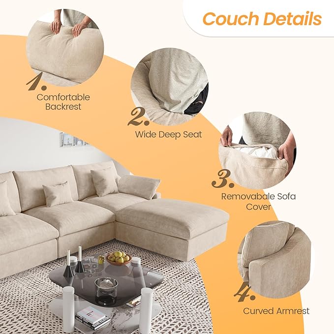 JACH Sectional Couches for Living Room Cloud Sectional Couch with Deep Seat Love Seat Modular Sofa with Chaise Ottoman Covers Removable &amp Washable Sofas Furniture for Living Room Khaki