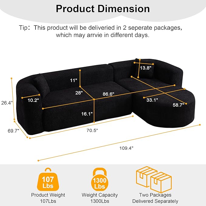 109.4 Sectional Couch with L-Shaped Chaise Boneless Modular Sectional Sofa Soft Chenille Sofa with Deep Seat for Living Room No Assembly (Right-Facing Chaise Black) | Breaathable Material
