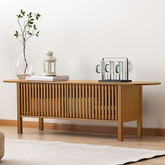 Bamboo TV Stand for TVs up to 65 Accent Entertainment Center with Storage Media Console Table with Fence Door Modern TV Stand for Living Room Bedroom 55(L) Walnut