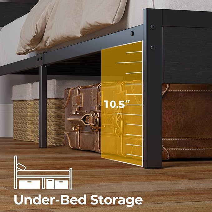 Rolanstar Bed Frame Twin Size with USB Charging Station LED Bed Frame with Wood Storage Headboard Black Metal Platform Bed with Under Bed Storage No Box Spring Needed Noise Free
