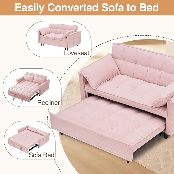 3 In 1 Corduroy Convertible Sofa BedPull Out Couch Bed with Reclining Backrest And 2 Pillows 54 Full Size Loveseat Sleeper Sofa Futon Couch Bed Couches For Small Spaces Living Room (Pink ①)