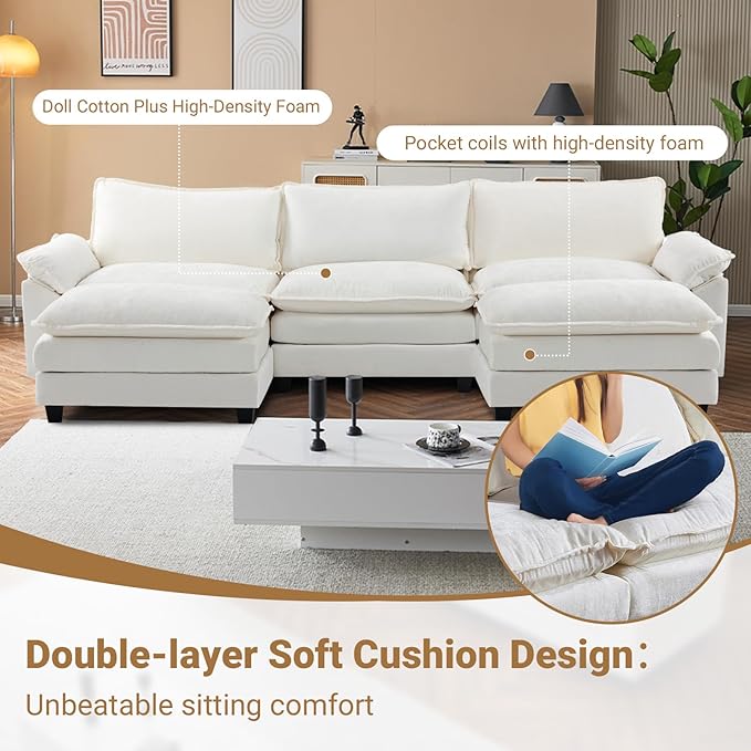 VINGLI Convertible U-Shaped Sectional Modular Couch with 2 Movable 2-Layer Ottomans Oversized Comfy Cloud Sofa with Deep Seat &amp Chaise 3 Seater Cozy Couch for Small Spaces Chenille White-Cream