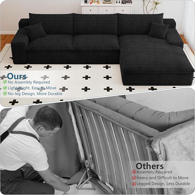107”Cloud Sectional Couch Boneless Sofa for Living Room Modular Sectional Sofa with Deep Seat Fluffy Comfy Couch with L-Shaped Chaise No Assembly Required Comfy Upholstered Corduroy Couches