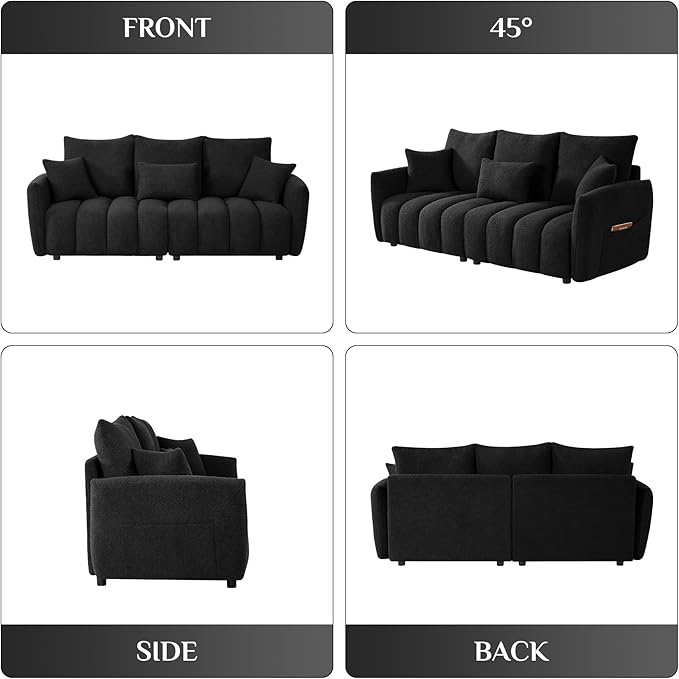 OUYESSIR Boucle Sofa Cloud Couch 80.2 Modern Comfy Teddy Sofa Deep Seat Futon Couch with Pillows Soft Upholstered 3 Seater Sofa Oversized Loveseat Sofas for Living Room Apartment Black