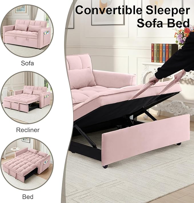 3-in-1 Convertible Sofa Bed 55'' Pull Out Couch Bed with Adjustable Backrest Velvet Fabric Sleeper Loveseat Sofa with Side Pocket Perfect for Living Room Easy Assembly(Pink)