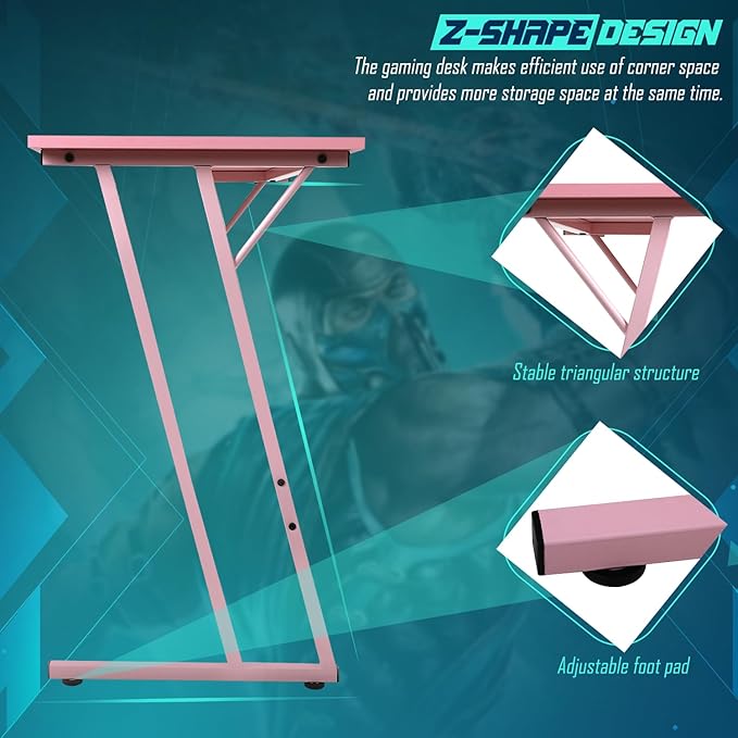 L Shaped Gaming Desk Computer Corner Desk PC Gaming Desk Table with Large Monitor Riser Stand for Home Office Sturdy Writing WorkstationPink