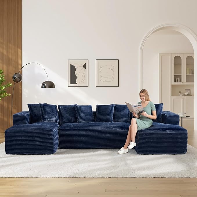 131 Oversized U Shaped Cloud Sectional Couches for Living Room Comfy Fluffy Corduroy Blue Boneless Sectionals Couch Plush Memory Foam Modular Sectional Sofa with Double Chaise- 20 High Seat
