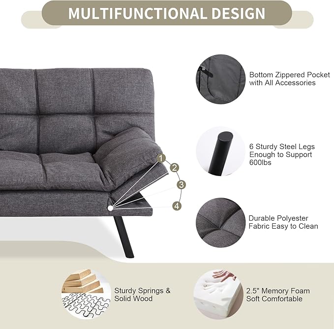MUUEGM 71 Futon Couch Filled with Memory Foam Convertible Futon Sofa Bed with Adjustable Backrest Armrest Folding Futon for Living Room Small Space Loveseat for Sleeper(Fabric Dark Gray)