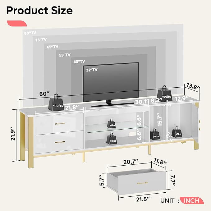 Bestier TV Stand for 75/80/85 inch TVs LED Gaming Entertainment Center Media Console with Glass Shelves for Living Room 2 Storage Drawers &amp Cabinets for Bedroom White Glossy