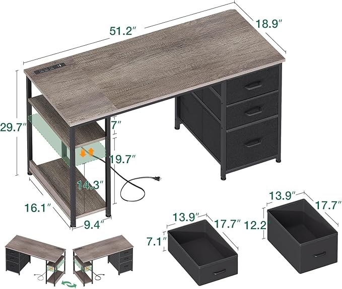 AODK 51 Inch Computer Desk with Fabric Drawers &amp USB Power Outlets - Reversible Home Office Desk with Storage Shelves Work from Home Modern Work/Writing/Study Table for Bedroom Grey Oak