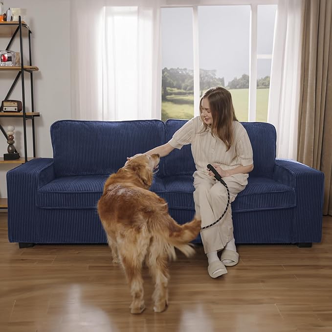 YOUDENOVA 86 3-Seater Sofa Corduroy Sofa Couch for Living Room Modern Lounge Couches with Extra Deep Seats Solid Wood Removable Cover Wide Armrest Easy Assembly Blue