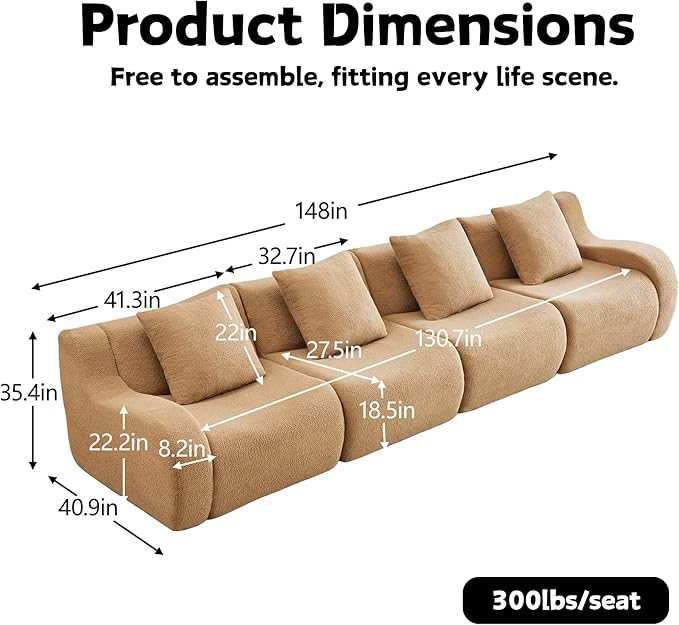 148 Modular Boneless Sectional Sofa Boneless Couch for Living Room and Apartments 32D High Density Sponge No Assembly Required (4 Seater) Camel