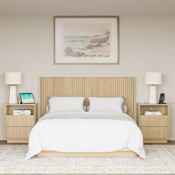 Nightstand with Charging Station Mid Century Modern Nightstand with Arched Design Boho End Table with Wood Grain Texture Bedside Table for Bedroom Living Room Sofa Office Oak