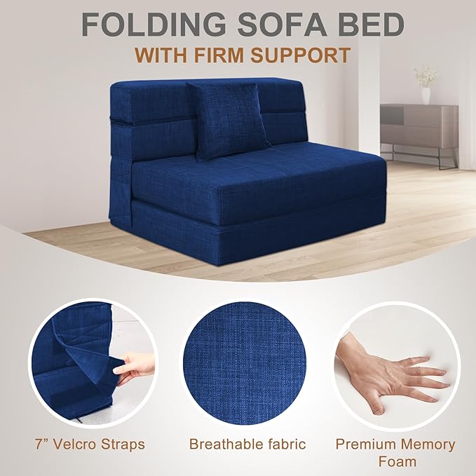 Folding Sofa Bed Couch Memory Foam with Pillow Sleeper Chair Lazy Couch Twin Size Futon Convertible Guest BedsWashable CoverDark Blue