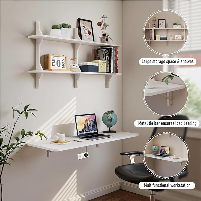 Pmnianhua Wall Mounted Folding Table 47'' Floating Laptop Desk with Shelves Foldable Drop Leaf Table Wall Mount Fold Down Table for Laundry Room Kitchen Bar Home Office Small Space(White)