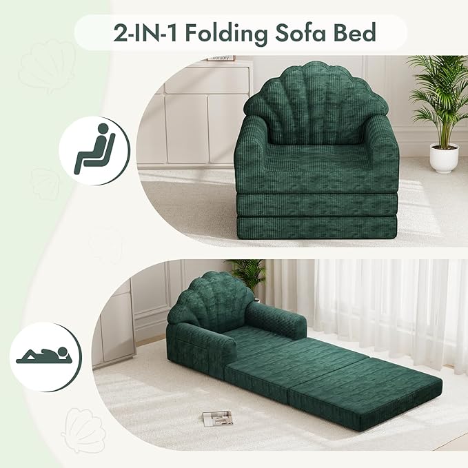 2-in-1 Folding Sofa Bed with Back Support 75 D x 34 W Convertible Futon Sleeper Chair for Adult Fold Out Bean Bag Floor Foam Lounger Couch for Living Room Bedroom Small Space Olive Green