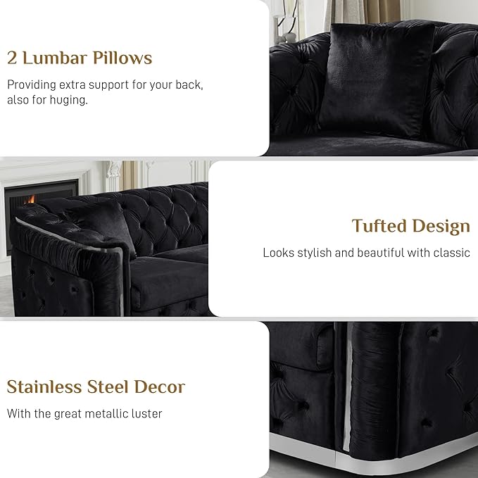 Velvet Couch Black and Silver Sofa Luxury Loveseat 84.6 Mid Century Modern Chesterfield Sofa Couch for Living Room Tufted Sofas with 2 Pillows &amp Classic Golden Decor Black