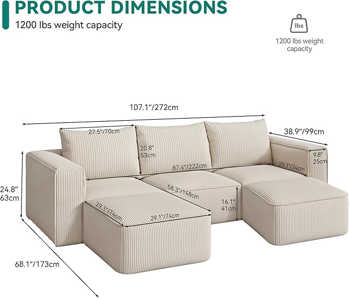 DWVO 107 Inch Cloud Sectional Couch with U-Shape Chaise Deep Seat Sofa with 3 Pillows 2 Ottomans Corduroy Upholstered Modular Sofa for Living Room Bedroom No Assembly Required Milky White