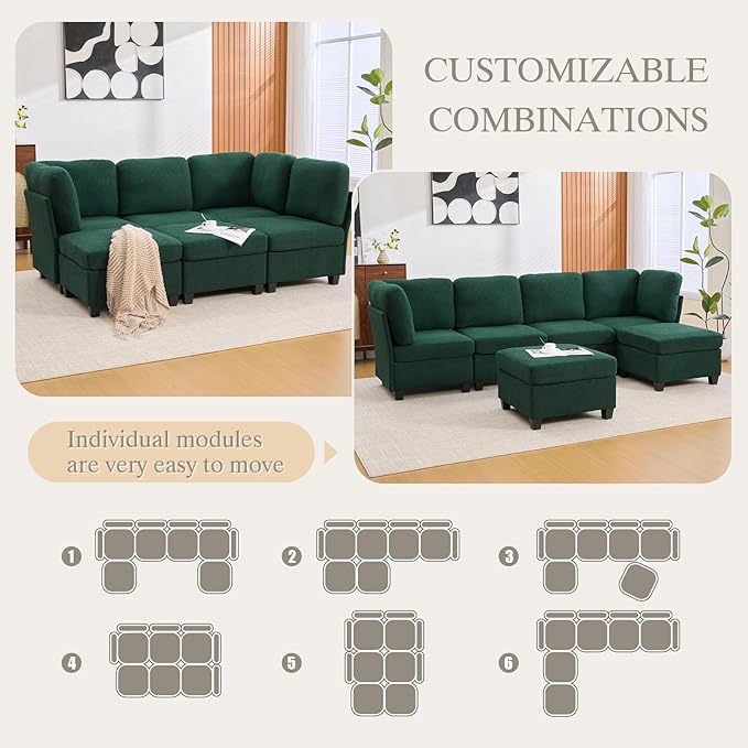113.39 Modular Sectional Sofa 6 Seaters Sectional Sleeper Sofa U Shaped Couch Comfy Convertible Couches with Ottomans Oversized Modular Sofa with Large Storage for Living Room (Emerald)
