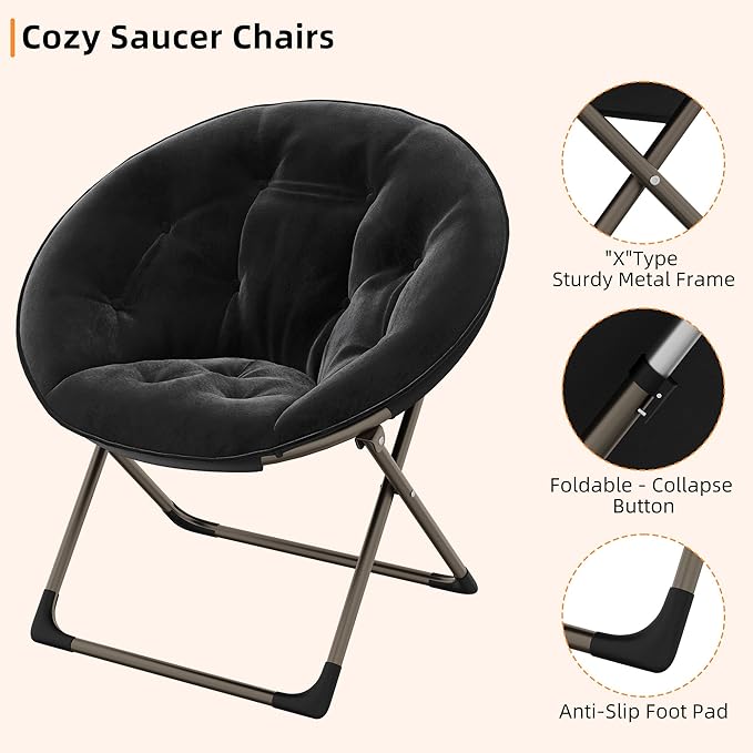 Saucer ChairFaux Fur Comfy Folding Chair with Folding Metal Frame Oversized Plush Flower Accent SeatLounge Moon Chair for Bedroom Dorm or Living RoomBlack