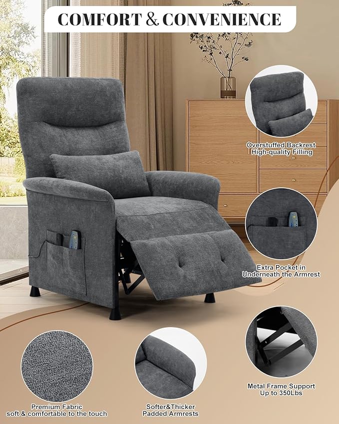 Power Recliner Chair for Adults - Electric Reclining Sofa with Side Pocket &amp Remote Adjustable Recliner for Living Room or Home Theater Seating